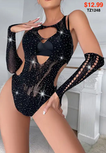 Load image into Gallery viewer, Thong Back Rhinestone Covered Body Suit With Gloves